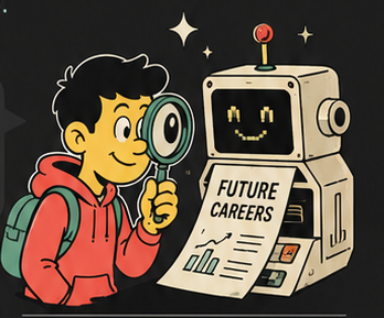 A student with a magnifying glass and a robot holding a Future Careers report.